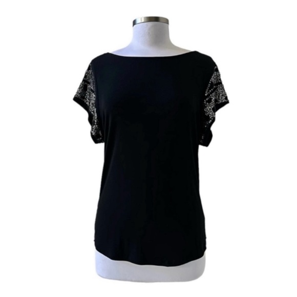 Bebe Black Sequin and Bead Embellished Short Sleeve Draped Back Top Size Small - Picture 5 of 7